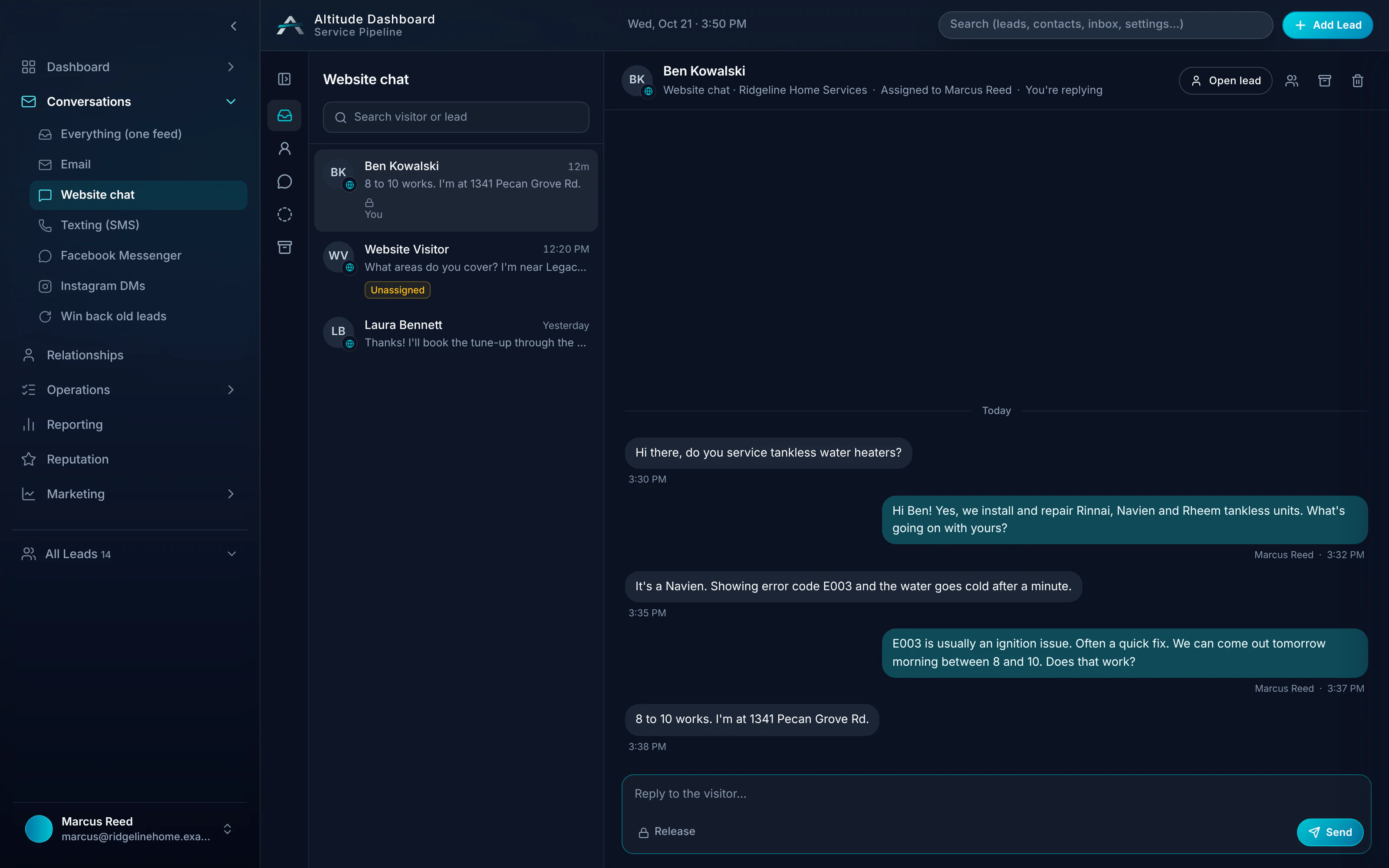 ALTITUDE website chat conversation in the inbox