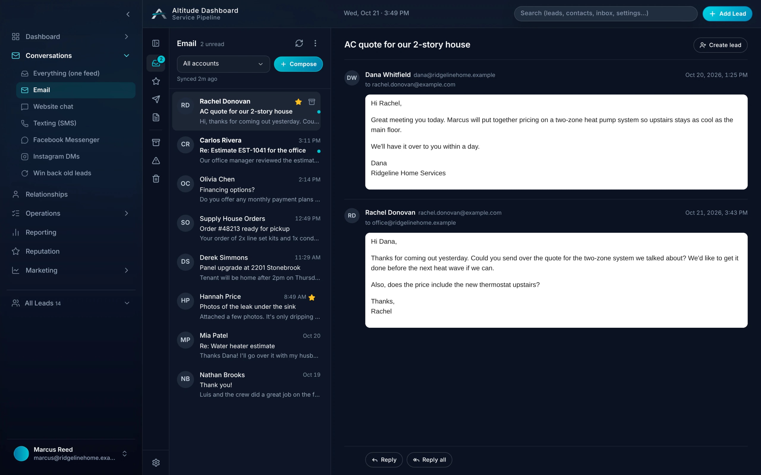 ALTITUDE email inbox with a customer thread linked to the lead