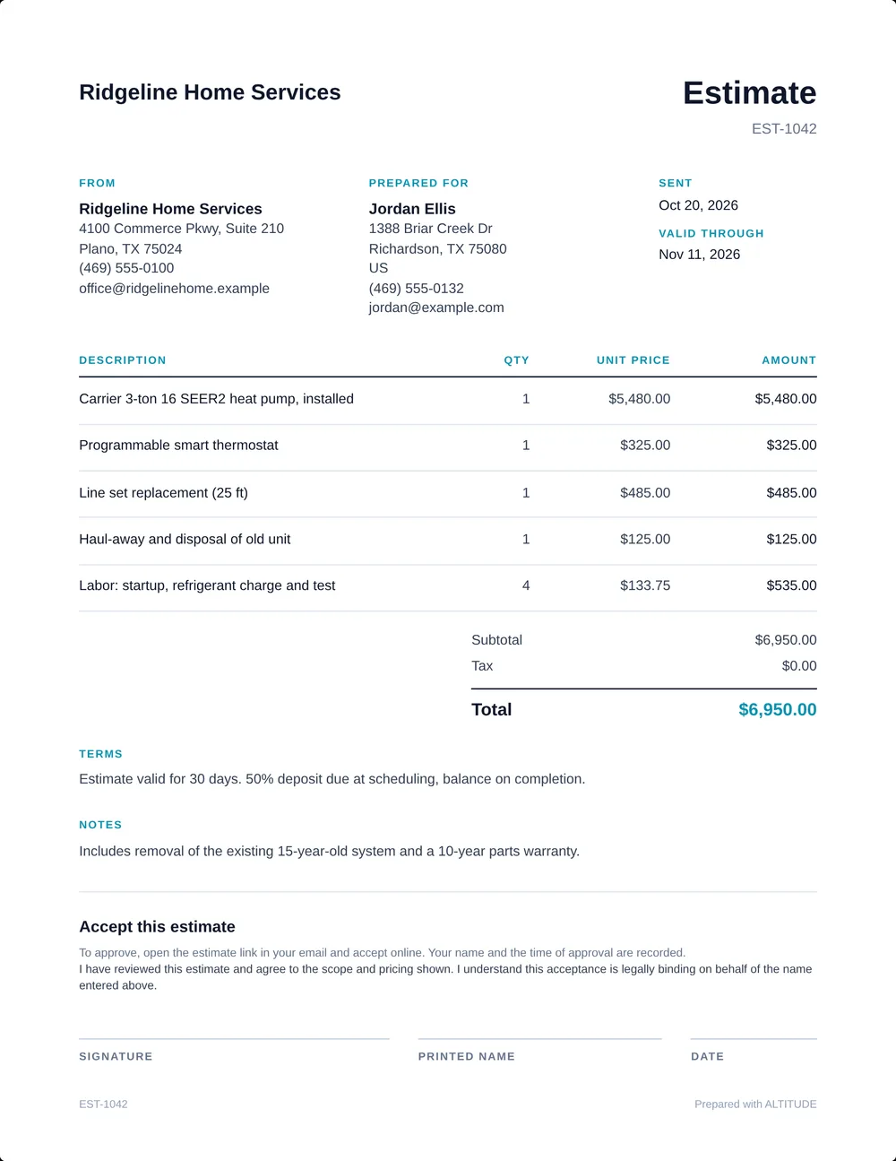 ALTITUDE estimate EST-1042 for a heat pump install, $6,950