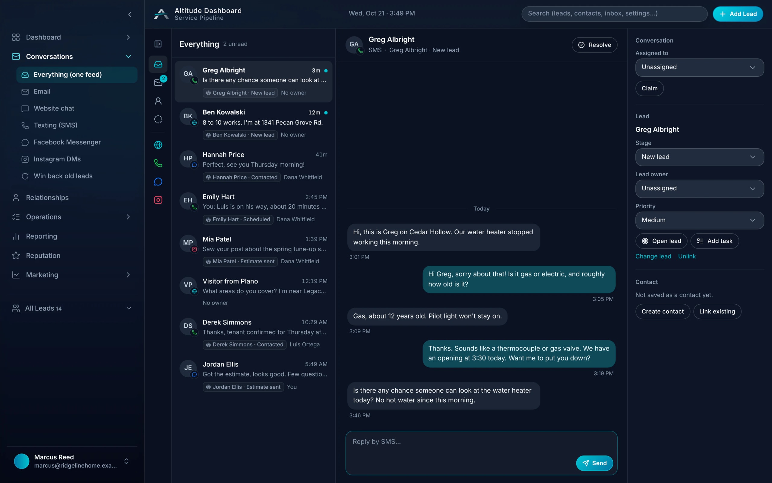ALTITUDE inbox showing a customer text thread