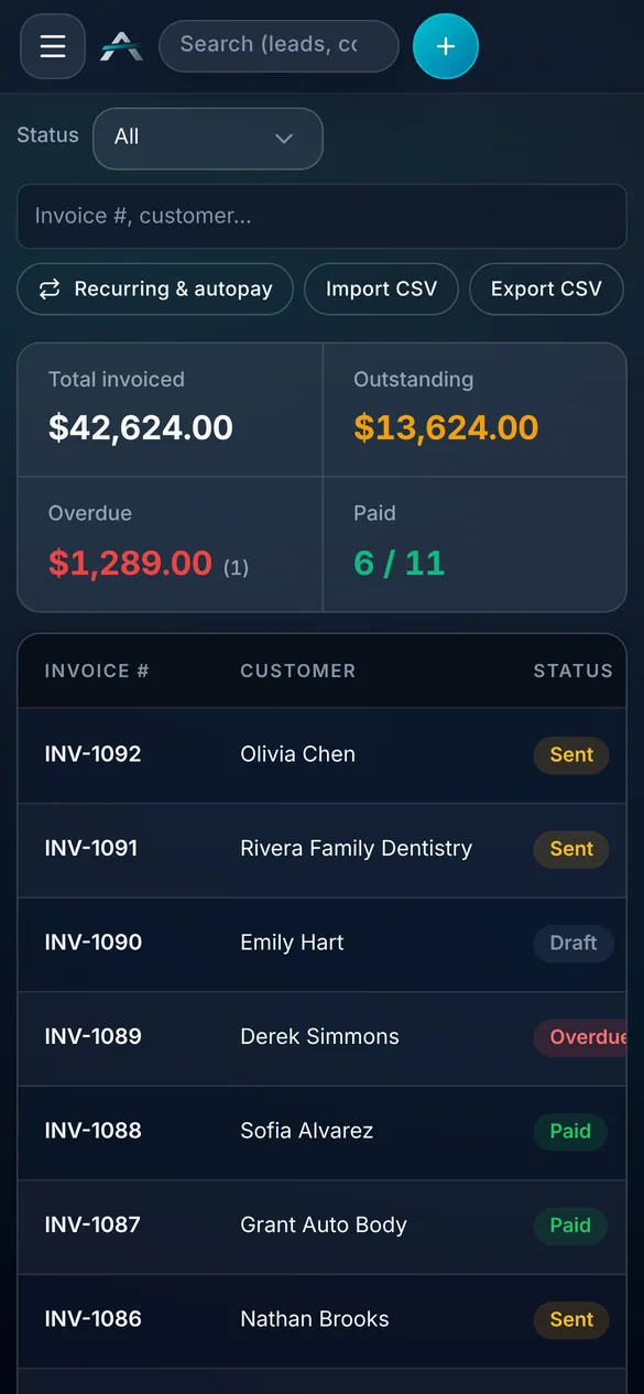 ALTITUDE invoice list on a phone showing outstanding, overdue and paid totals