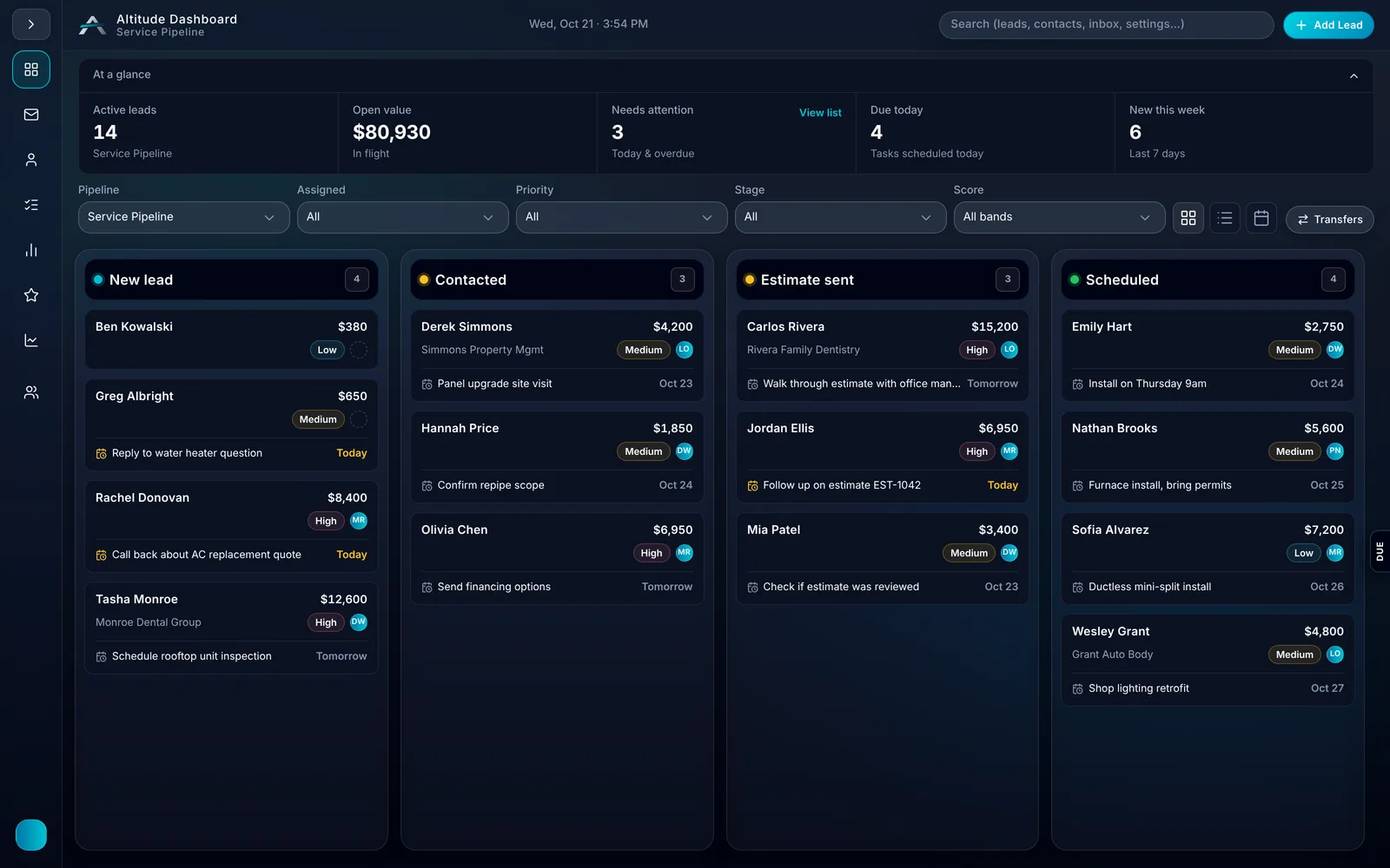 ALTITUDE pipeline board with leads in four stages, dollar values and follow-up tasks