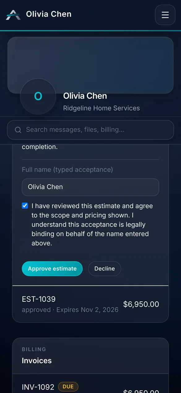 A customer approving an estimate in the portal by typing their name