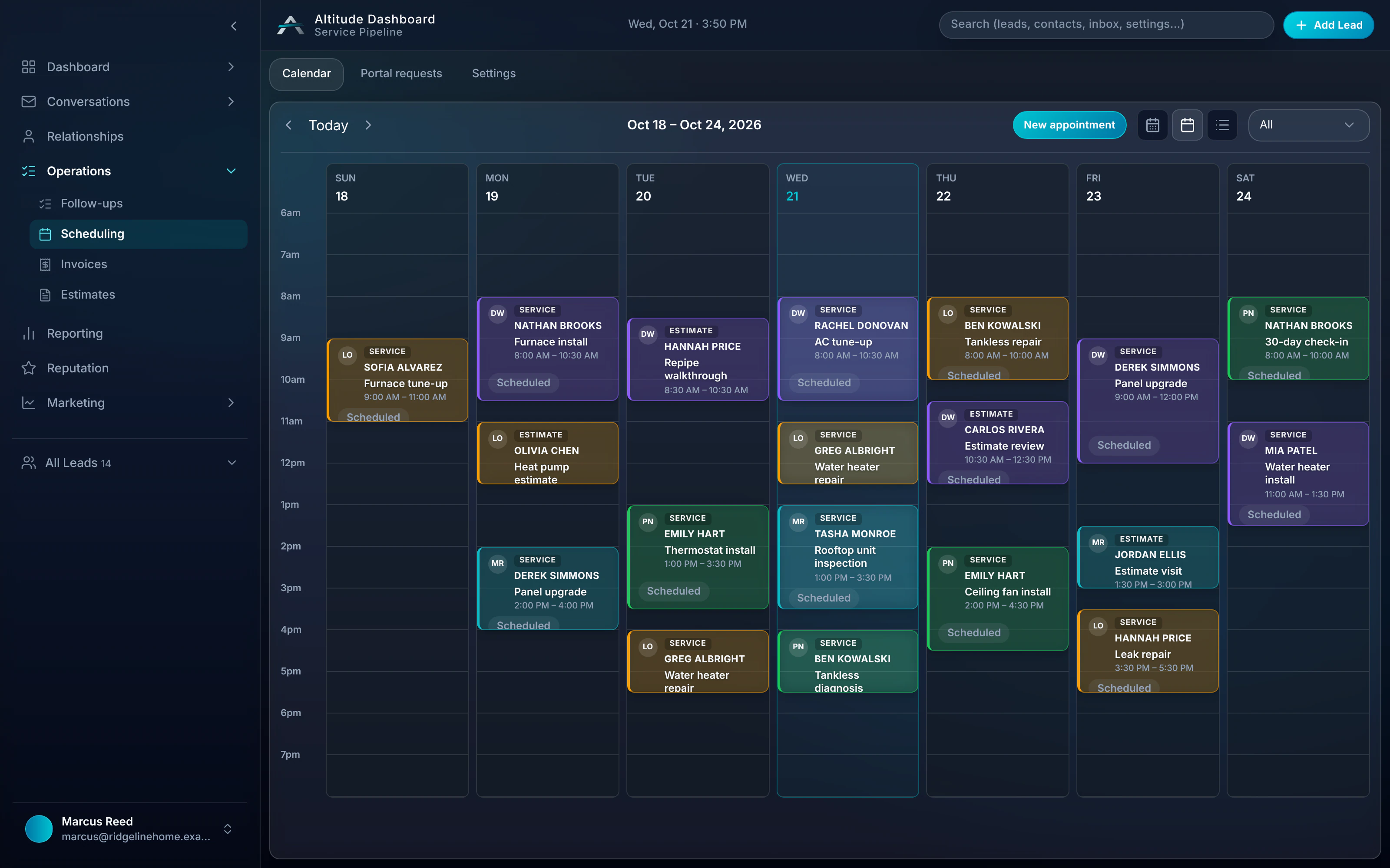 ALTITUDE week schedule with service visits by technician
