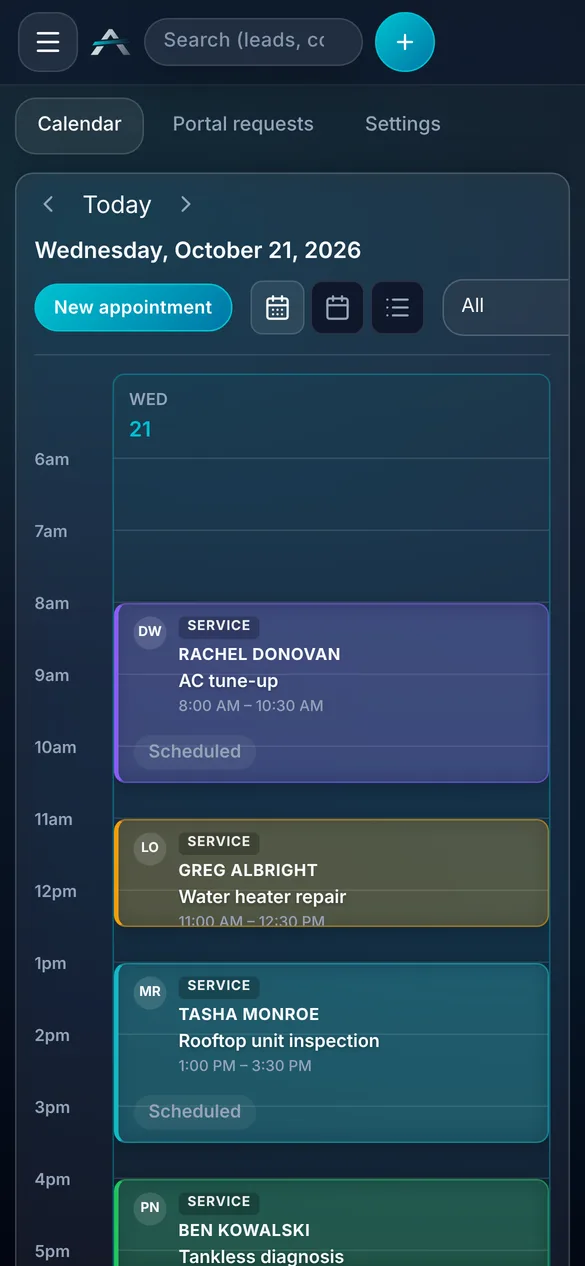 ALTITUDE day schedule on a phone with the water heater repair booked for 11:00