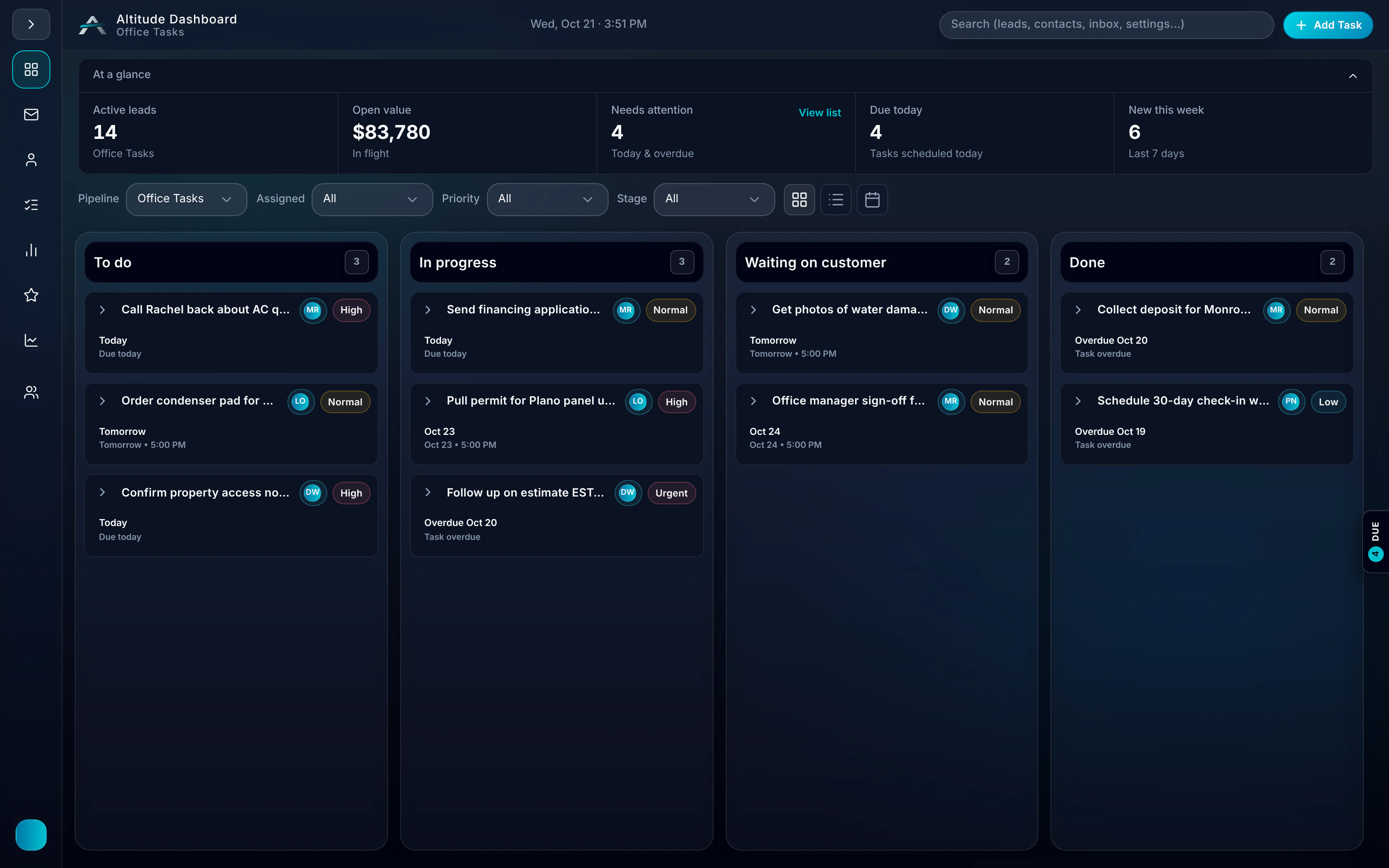 ALTITUDE tasks view with follow-ups due today and overdue