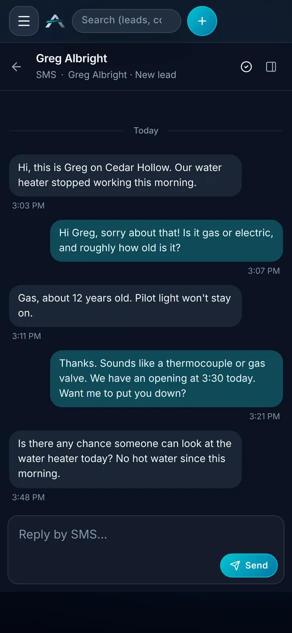 ALTITUDE inbox showing a customer text thread about a broken water heater